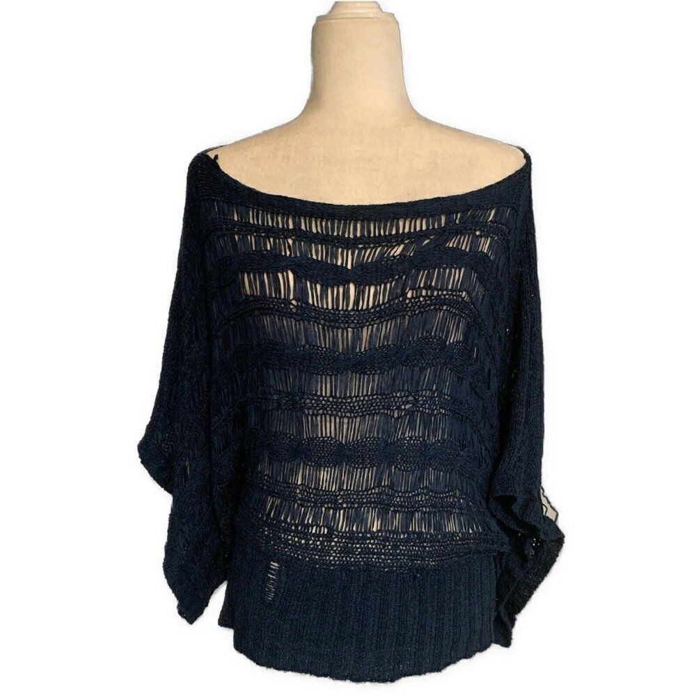 Vertigo Womens Solid Navy Blue Mesh Short Bell Sleeve Sweater Small